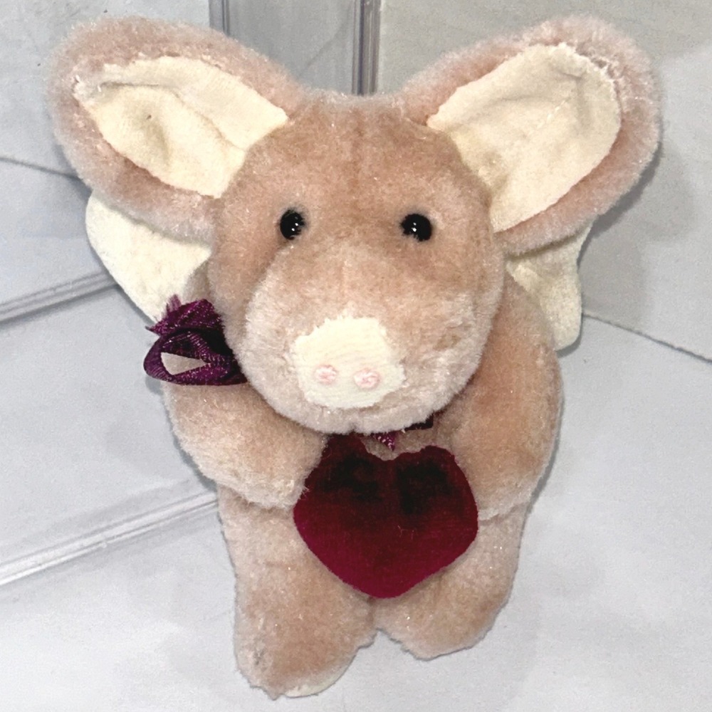 Boyds Collection 1990 Pink Flying Pig Plush Ornament Jointed Red Heart Vintage